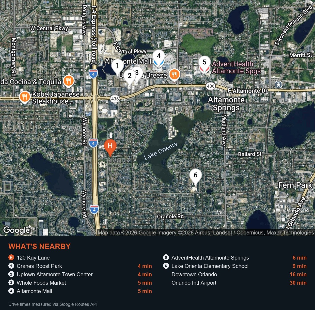 Map of what is nearby 120 Kay Lane with measured drive times